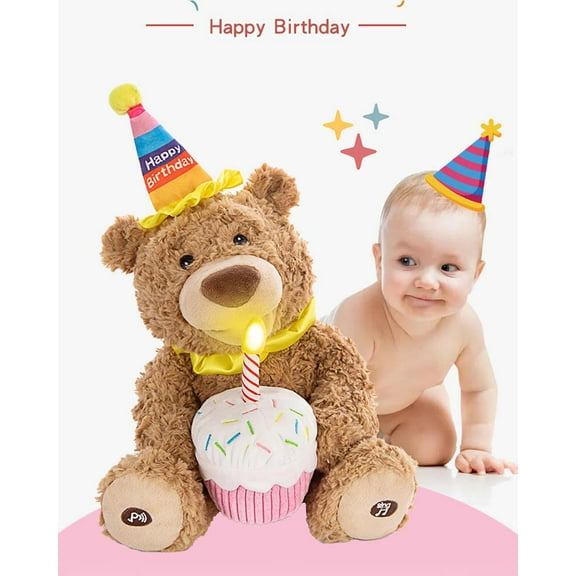 Happy Birthday Teddy Bear Bear Animated Plush Toy, Glow-in-The-Dark Singing Stuffed Animal, Brown, 14