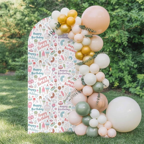 Happy Birthday Text Arch Backdrop Cover 6 FT, Ice Cream Cake Dessert Texture Wedding Arch Cover Stretchy Backdrop Stands Covers for Birthday Party Ceremony Banquet Decor