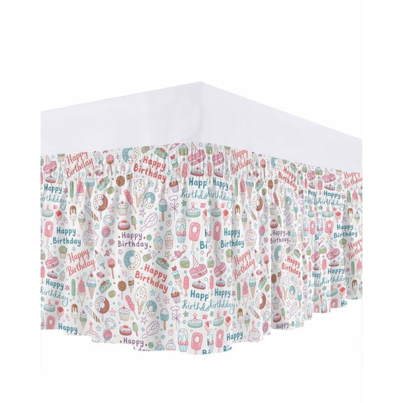 Happy Birthday Text Ruffle Bed Skirt California King Size Ice Cream Cake Dessert Texture Adjustable Elastic Dust Bed Skirts Wrap Around Bedskirt Wrinkle Free Easy Fit with 18 Inch Drop