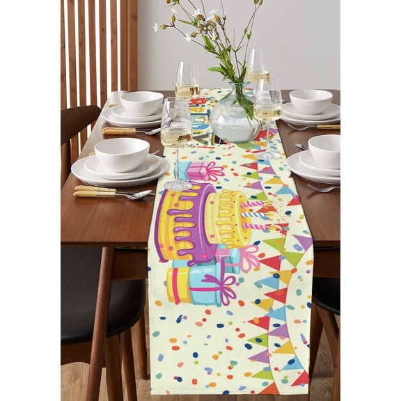 Happy Birthday Text Table Runner 13x72in Non-Slip Cotton Linen Table Runners, Cartoon Cake Ribbon Dots Dresser Scarves TableRunner for Dinner Kitchen Dining Wedding Party