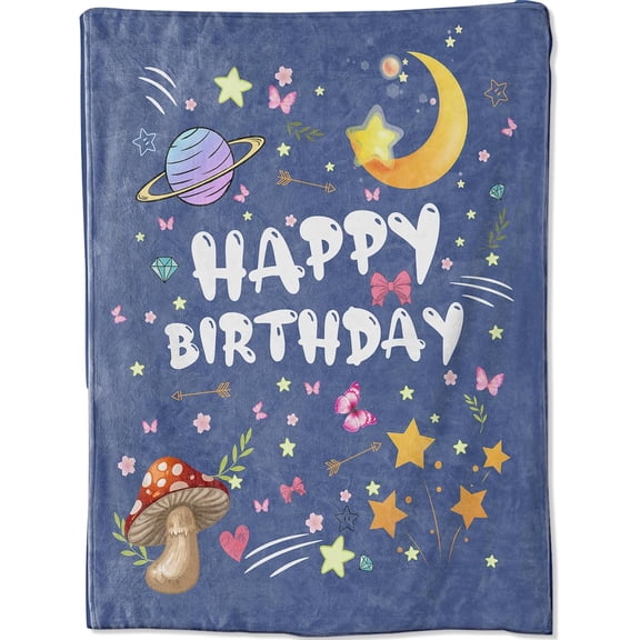 Happy Birthday Throw Blanket, Fun Space Stars Moon Mushroom Blankets for Bedroom Living Room Couch Decor, Fuzzy Cozy Soft Lightweight Throws, for Boys Girls Kids, 50x60 in
