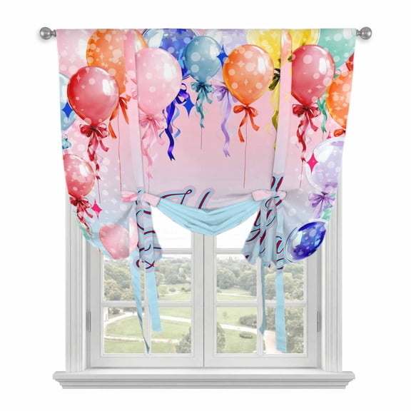 Happy Birthday Tie Up Curtains 45 Inches Long, Kitchen Window Curtains Over Sink, Colorful Balloons Bow Gradient Modern Blue Small Window Curtains Shade Balloon Curtains Valances for Bedroom 34"x45"