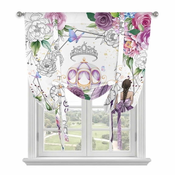 Happy Birthday Tie Up Curtains for Window, Thermal Insulated Balloon Shade Adjustable Rod Pocket Curtains Valance Panels for Kitchen Bathroom Cafe 42 x 63 Gradient Purple Dress Crown Carriage Flowers