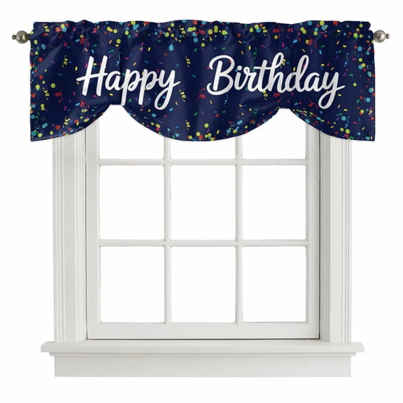 Happy Birthday Tie Up Valance Curtains for Windows, Kitchen Curtains Window Treatments, Navy Blue Modern Abstract Art Short Window Shades Valances for Bedroom Bathroom Cafe 54"x18"