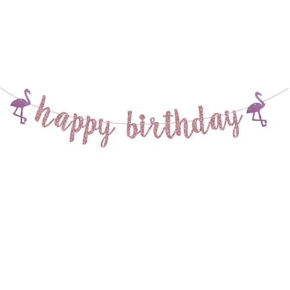 Happy Birthday Tropical Banner, Rose Gold Glitter Hawaiian Luau Birthday Sign, Flamingo Pineapple Theme, 118 inches x 18 inches (Pre-Strung)