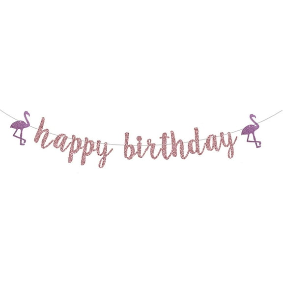 Happy Birthday Tropical Banner, Rose Gold Glitter Hawaiian Luau Birthday Sign, Flamingo Pineapple Theme, 118 inches x 18 inches (Pre-Strung)
