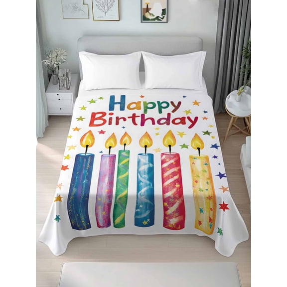 Happy Birthday Twim Size Flat Sheet, Wrinkleproof & Fadeproof Cooling Flat Bed Sheet Only, Colorful Candle Star Breathable Soft Bedding Top Sheets 66 x 96 Inches