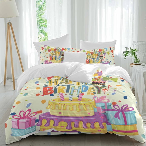 Happy Birthday Twin Size Comforter Set, Birthday Cake Balloon Ribbon Bedding for All Seasons, 4 Pcs Bed Set, 1 Quiltcover (68"x86") ,1Sheet(67"x116"), 2Pillowcases (30"x20")
