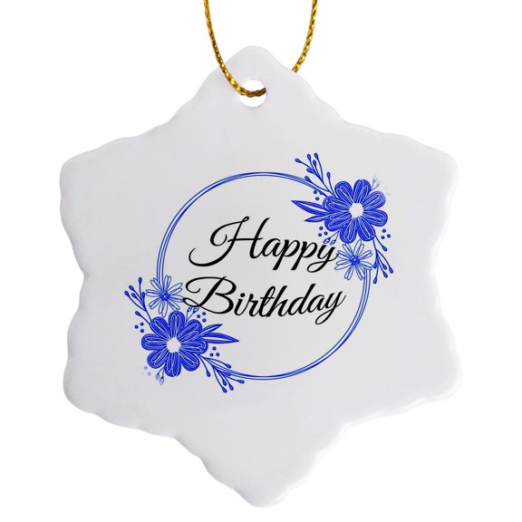 3drose, Happy Birthday Typography Blue Floral Wreath, 3dsm, 3 inch Snowflake Porcelain Ornament