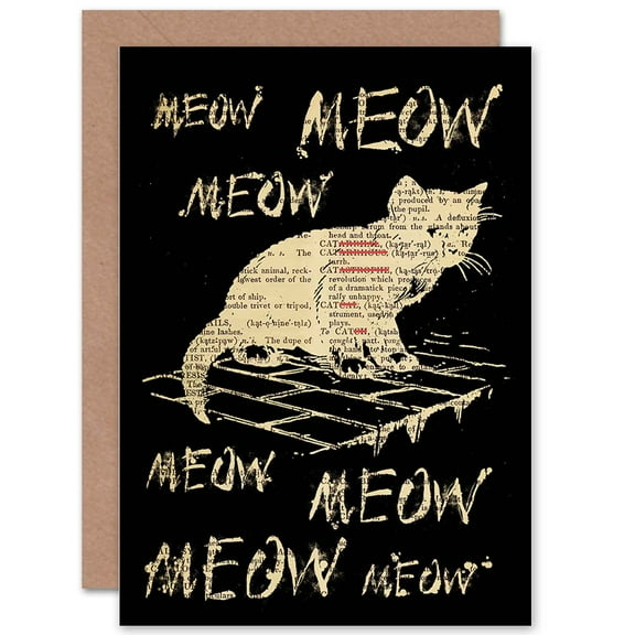 Happy Birthday Upcycle Cat Dictionary Meow Animal Dark Greetings Card Plus Envelope Blank inside