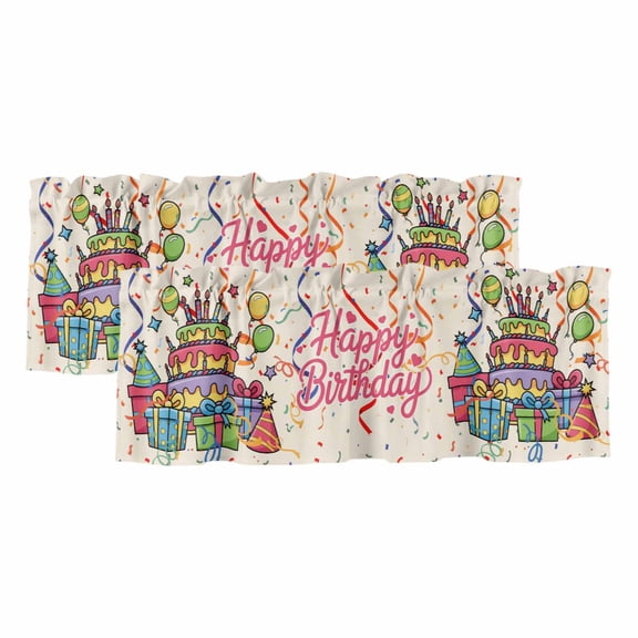 Happy Birthday Valances for Windows, Decorative Rod Pocket Window Valance Curtains, Ribbon Cake Balloon Cartoon Short Curtain Drapes for Kitchen/Bathroom/Living Room, 2 Panels, 42" W x 12" L