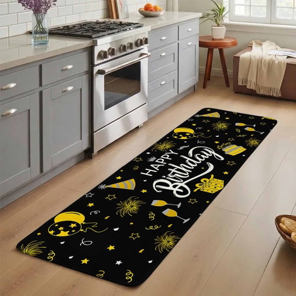 Happy Birthday Washable Runner Rug 3X7 ft Cake Firwoks Black Non-Slip Hallway Runner Rug, Linen Kitchen Runner Mats, Indoor Floor Carpet for Entryway Bathroom Bedroom Living Room