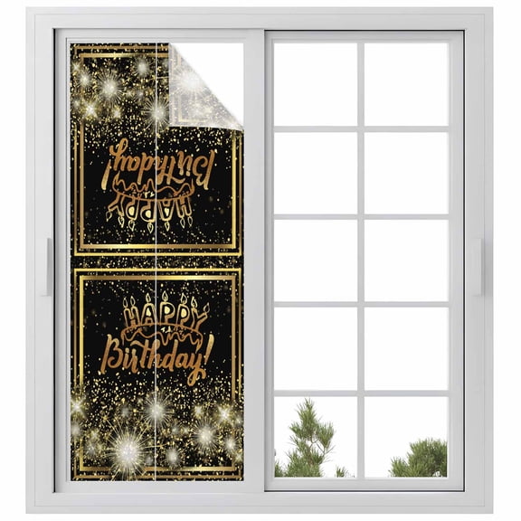 Happy Birthday Window Privacy Film, Luxurious Black Golden Cake Fireworks Static Cling UV Sun Blocking Heat Control Window Tint Day and Night, Non-Adhesive One Way Windows Privacy Cover 23.6''x59''