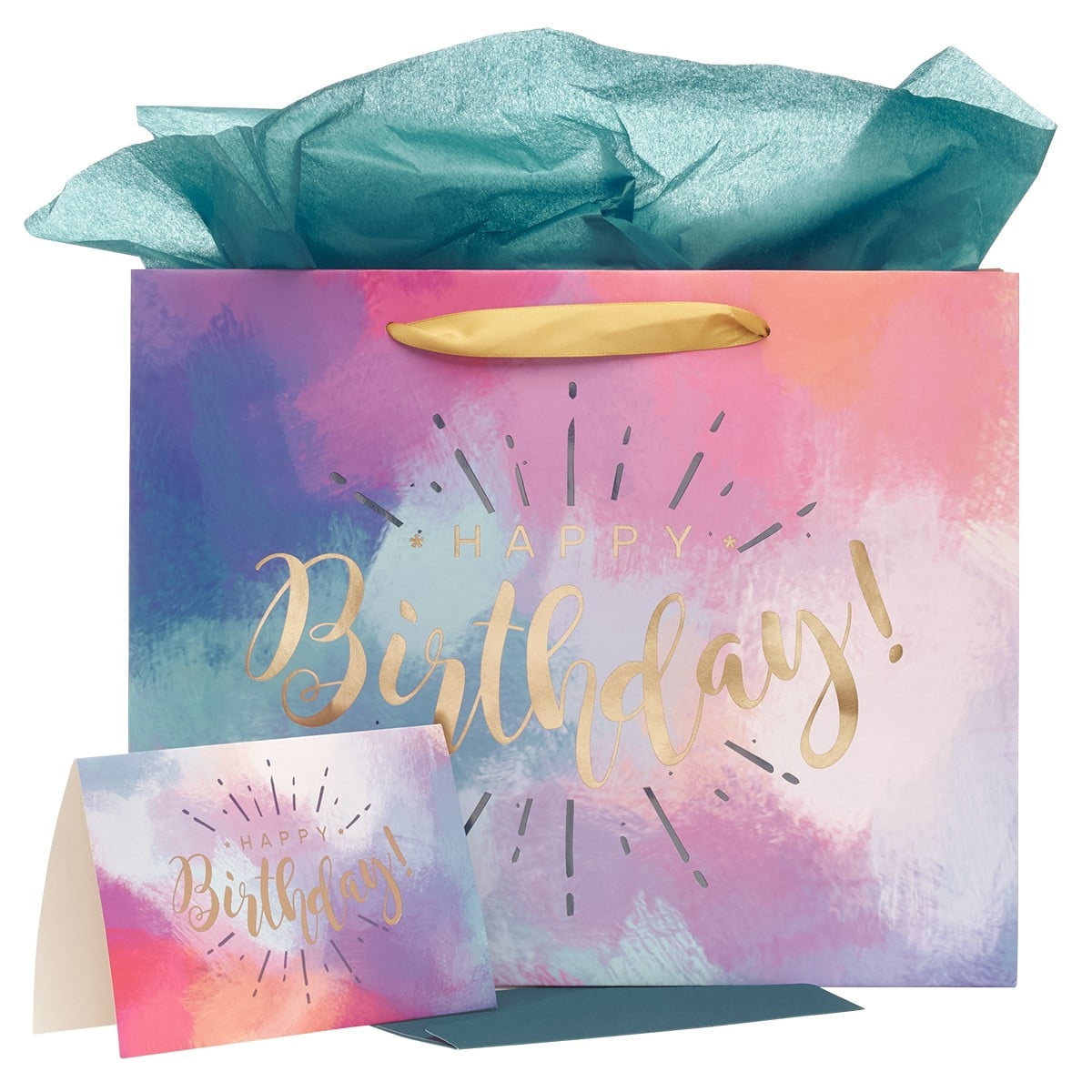 Happy Birthday Women's Large Gift Bag Set w/Card & Tissue Paper Blue Pink Purple Watercolor Design for Her Birthday Inspirational Gift Wrap Bag by With Love, Landscape 10" x 12.5" x 3.9"