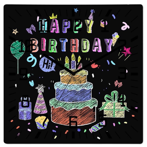 Happy Birthday Wooden Wall Clock Silent Non Ticking, Birthday Gifts Cake Balloons Black Square Wall Clocks Battery Operated, Decor Clock for Home Office, Living Room, Kitchen, 10 Inch