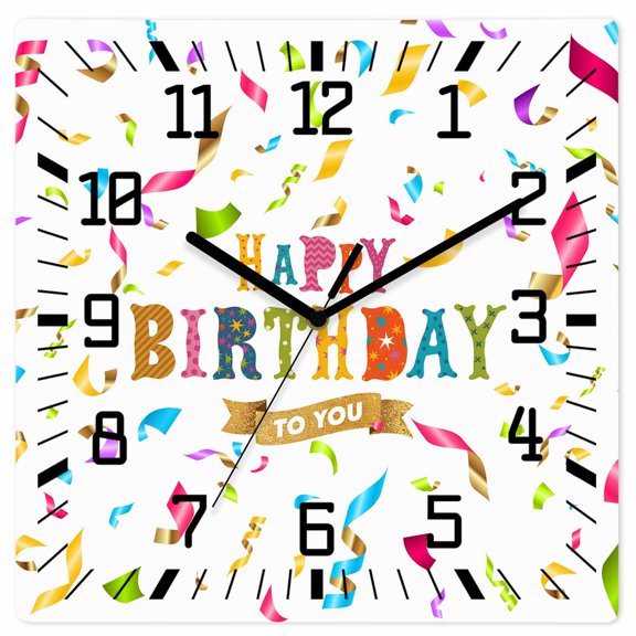 Happy Birthday Wooden Wall Clock Silent Non Ticking, Colorful Words Square Wall Clocks Battery Operated, Decor Clock for Home Office, Living Room, Kitchen, 10 Inch