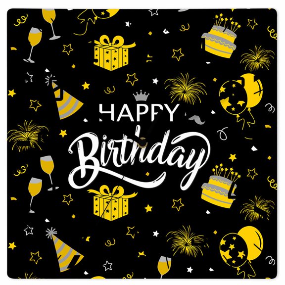 Happy Birthday Wooden Wall Clock Silent Non Ticking, Yellow Cake Birthday Gifts Balloon Black Square Wall Clocks Battery Operated, Decor Clock for Home Office, Living Room, Kitchen, 12 Inch