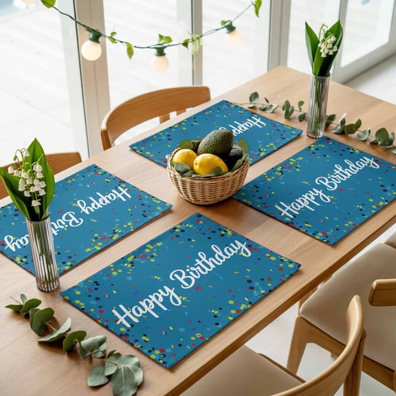 Happy Birthday Words on Blue Placemats Set of 4,Wipeable Washable Table Mats for Dining Tables, Colorful Ribbon Place Mats for Kitchen Event Party Tabletop Decor