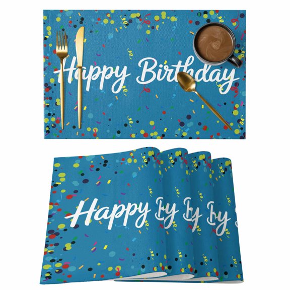 Happy Birthday Words on Blue Placemats Set of 6,Wipeable Washable Table Mats for Dining Tables, Colorful Ribbon Place Mats for Kitchen Event Party Tabletop Decor