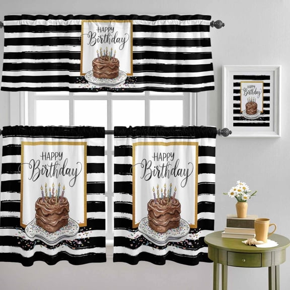 Happy Birthday Words Cake Curtain Tier and Valance Set 3 Piece, Black White Striped 3-inch Rod Pocket Window Tier Curtains Valance for Kitchen Living Room