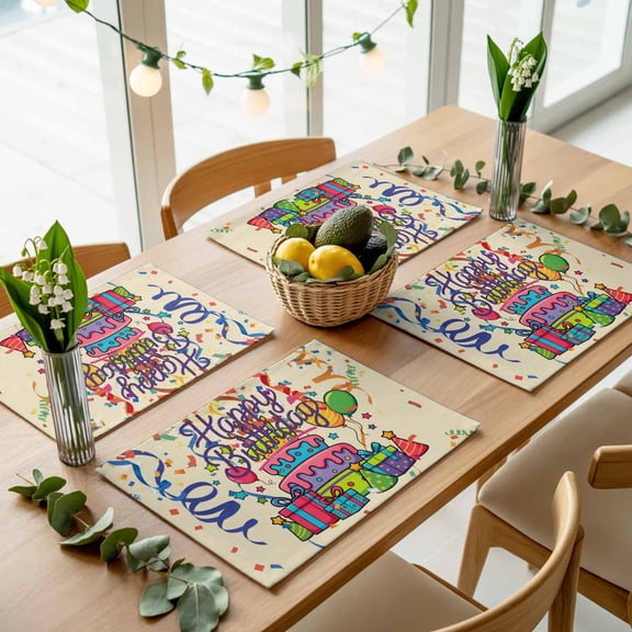 Happy Birthday Words Placemats Set of 4,Wipeable Washable Table Mats for Dining Tables, Cake Balloon Ribbon Place Mats for Kitchen Event Party Tabletop Decor