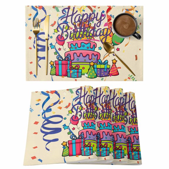 Happy Birthday Words Placemats Set of 6,Wipeable Washable Table Mats for Dining Tables, Cake Balloon Ribbon Place Mats for Kitchen Event Party Tabletop Decor