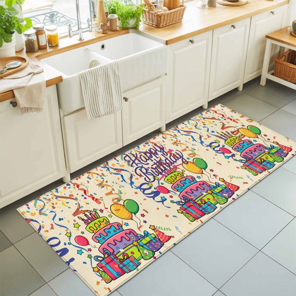 Happy Birthday Words Rectangle Area Rug 2x6ft,Living Room Rug Non-Slip Washable Circle Rugs Pad,Cake Balloon Ribbon Soft Floor Carpet for Bedroom Dining Room