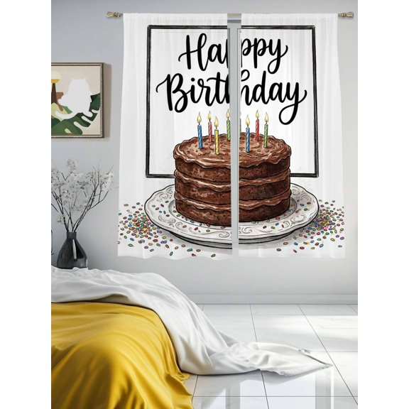 Happy Birthday Words Sheer Curtains 2 Panels Set Brown Cake Colorful Candles Lihgt Filtering Rod Pocket Voile Drape,Semi Sheer Window Curtains for Bedroom Living Room,52"x63"