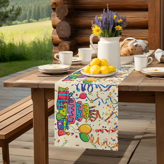 Happy Birthday Words Table Runner 13x36in Non-Slip Cotton Linen Table Runners, Cake Balloon Ribbon Dresser Scarves TableRunner for Dinner Kitchen Dining Wedding Party