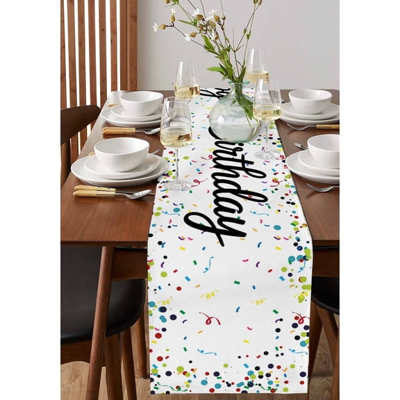 Happy Birthday Words Table Runner 13x70in Non-Slip Cotton Linen Table Runners, Colorful Ribbon Polka Dot Dresser Scarves TableRunner for Dinner Kitchen Dining Wedding Party