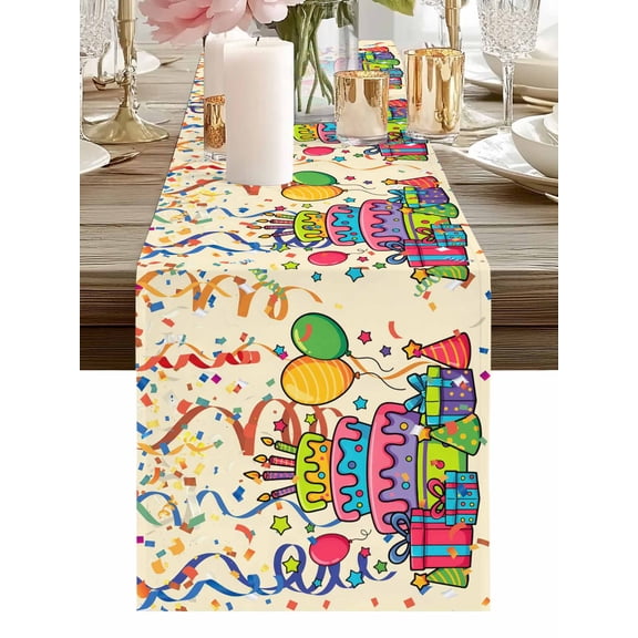 Happy Birthday Words Table Runner-36 Inch Long Cake Balloon Ribbon Table Runners Linen Burlap Tablerunner for Kitchen Dining Room Holiday Party