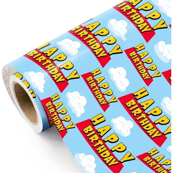 Happy Birthday Wrapping Paper Roll - Mini Roll - 17 Inch x 16.5 Feet - Cartoon Story, Blue Sky and Cloud Wrapping Paper for Kids Boys Girls Birthday, Baby Shower