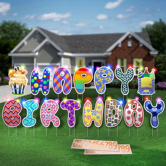 Happy Birthday Yard Sign with Stakes - 15.4 Inch Lawn Sign with 20 Pcs Number Stickers and 19 ft LED Lights, Outdoor Birthday Decoration Party Supplies