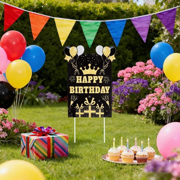 Happy Birthday Yard Sign with Stakes, Black Gold Birthday Yard Sign 11.8 x 15.7 Inches Weatherproof Personalized Birthday Yard Signs for Outdoor Lawn Garden Party Decorations
