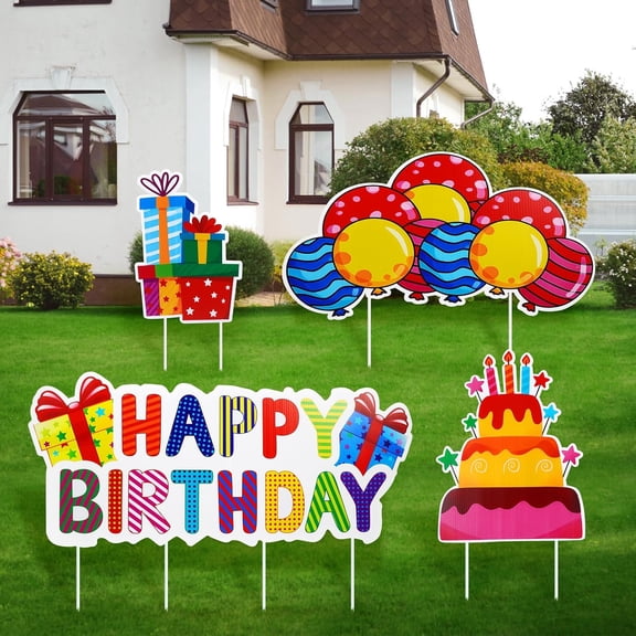 Happy Birthday Yard Signs, 4-Pack Birthday Lawn Sign Yard with Stakes, Vibrant Cake Balloon Design, Waterproof Birthday Party Supplies & Decor Indoor and Outdoor