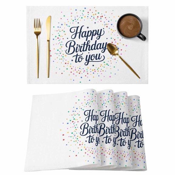 Happy Birthday to You Words Placemats Set of 6,Wipeable Washable Table Mats for Dining Tables, Classic Geometric Art Place Mats for Kitchen Event Party Tabletop Decor