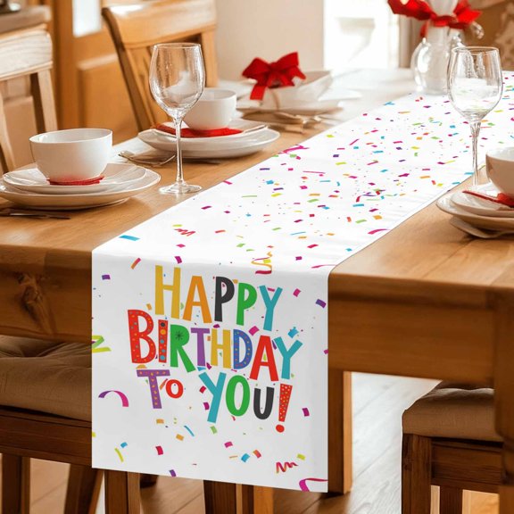 Happy Birthday to You Words Table Runner 36 Inches Long,Kitchen Dining Tablerunners Colorful Celebration Ribbon Linen Table Runners Dresser Scarves for Home Dinner Wedding Holiday Party Decor