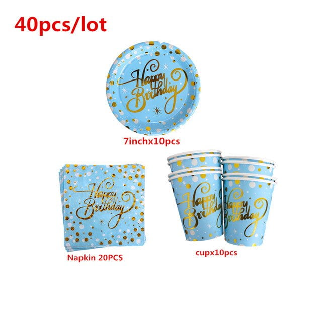 Happy Birthday blue Gold Foil Disposable Paper plate Cup tablecolth