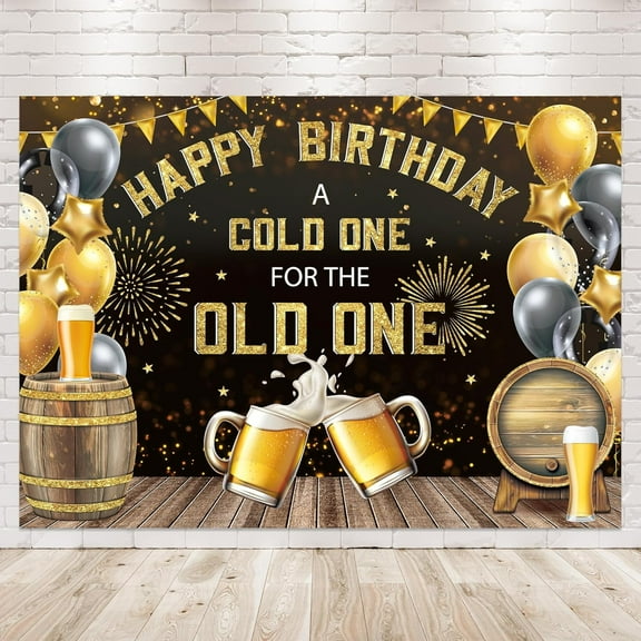 Happy Birthday for Men Backdrop Photography A Cold One for The Old One Black Gold Background 30th 40th 50th Bday Beer Party Decorations Banner