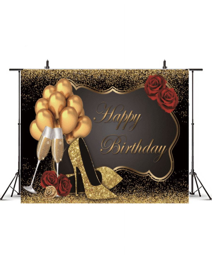 Aperturee Gold Glitter Heels Black Round Happy Birthday Backdrop