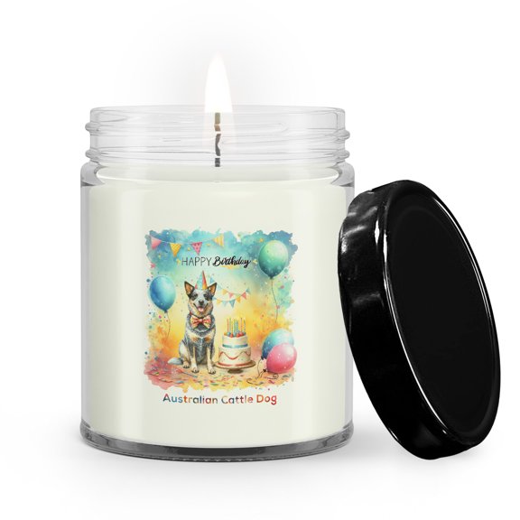 Happy Birthday to Australian Cattle Dog Kitten Party Balloons Cake Soy Wax Candle Heeler Lover Gifts 9oz White Birch & Black Pepper Candle - 00027