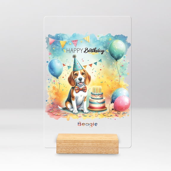 Happy Birthday to Beagle Kitten Party Balloons Cake Acrylic Plaque Sign Ashwood Base Beagles Dog Lover Gifts Idea Home Desk Decor - 00027