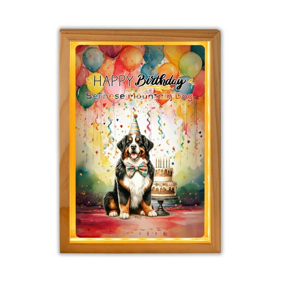 Happy Birthday to Bernese Mountain Dog Kitten Party Balloons Cake Acrylic Plaque with Wood Photo Frame Box Berner Lover Gifts Light Box - 00027