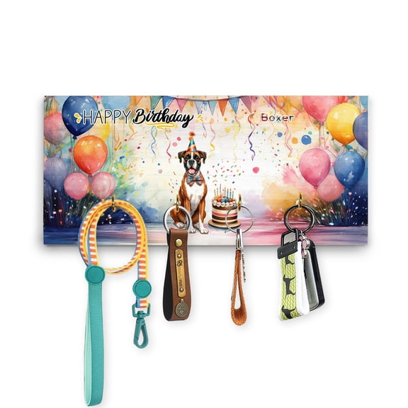 Happy Birthday to Boxer Kitten Party Balloons Cake Wood Key Holder Boxers Dog Lover Gifts Idea Wall-mounted Key Rack Home Decor - 00027