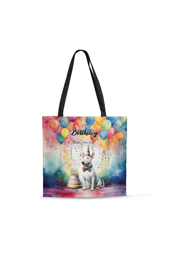 Happy Birthday to Bull Terrier Kitten Party Balloons Cake All Over Print 3D Canvas Tote Bag Bully Dog Lovers Gifts Idea Reusable Handbag - 00027