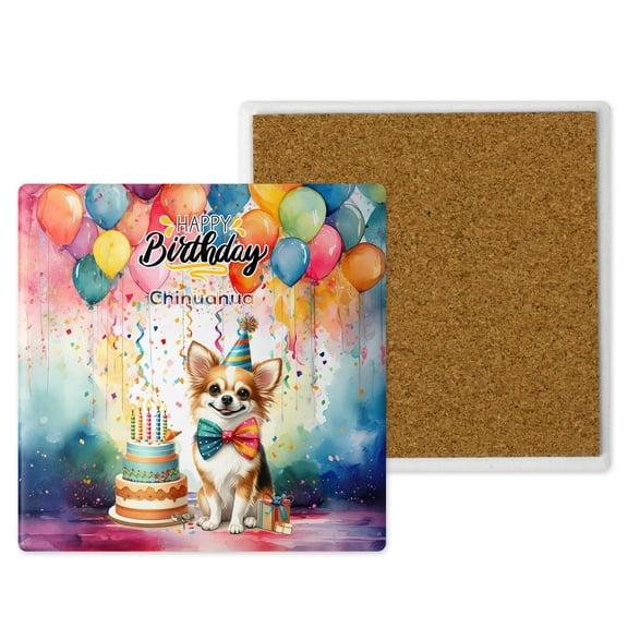 Happy Birthday to Chihuahua Kitten Party Balloons Cake Set of 4 Stone Coasters Dog Lover Gifts Idea 4x4in Absorbent Soapstone Coaster - 00027
