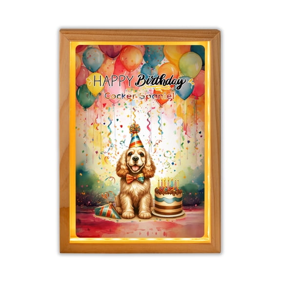 Happy Birthday to Cocker Spaniel Kitten Party Balloons Cake Acrylic Plaque with Wood Photo Frame Box Cockers Dog Lover Gifts Light Box - 00027