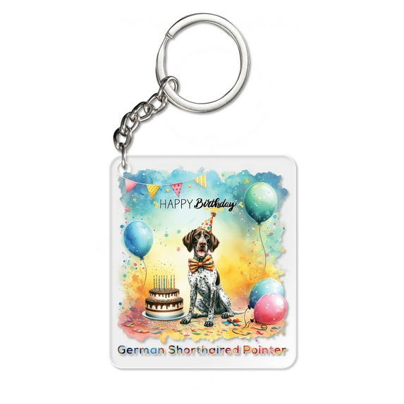 Happy Birthday to German Shorthaired Pointer Kitten Party Balloons Cake Acrylic Keychain GSP Lover Dog Gift Collar Charm Tag Keyring - 00027