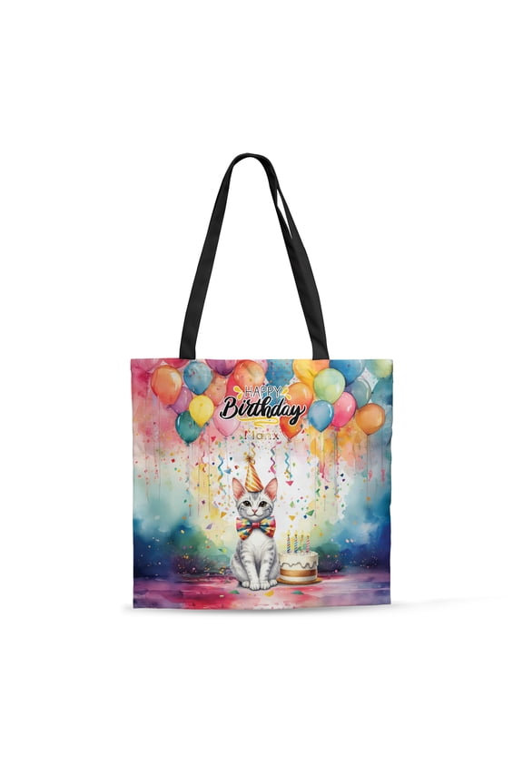 Happy Birthday to Manx Kitten Party Balloons Cake All Over Print 3D Canvas Tote Bag Cat Lover Kitten Owner Gifts Reusable Handbag - 00027