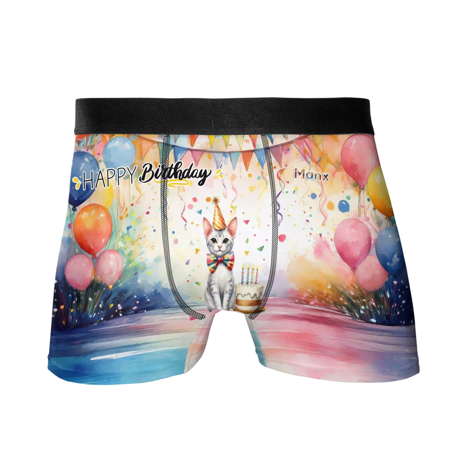 Happy Birthday to Manx Kitten Party Balloons Cake All Over Print Boxer ...